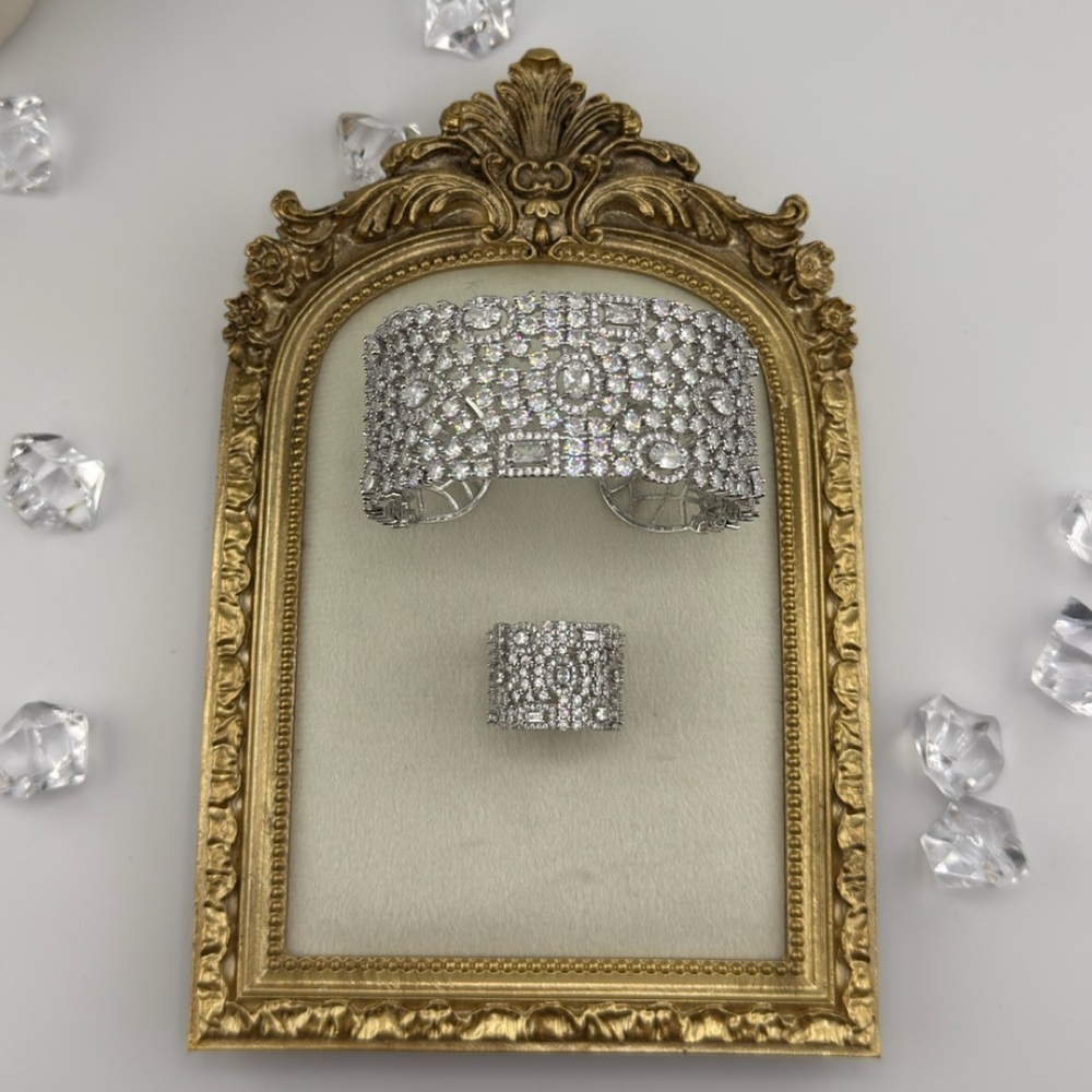 Luxury Cubic Zirconia Cuff Bracelet & Ring Set – Silver Tone - Picture 11 of 17